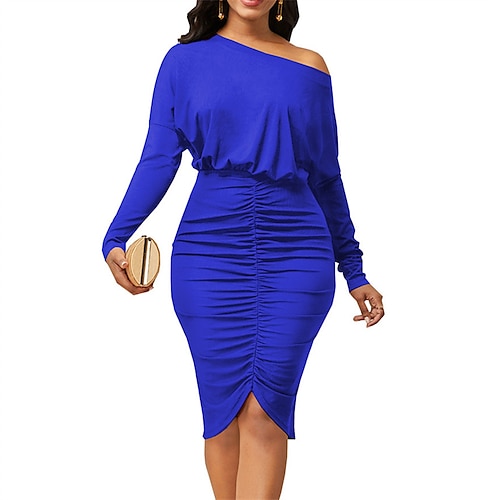 

Women's Sheath Dress Green Black Blue Long Sleeve Pure Color Ruched Winter Fall Autumn One Shoulder Fashion Party Winter Dress Fall Dress 2022 S M L XL 2XL