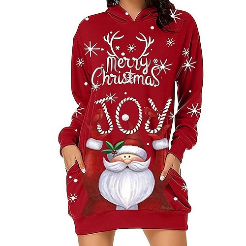 

Women's Hoodie Dress Shift Dress Short Mini Dress Black Red Long Sleeve Letter Snowman Pocket Print Fall Winter Hooded Fashion Modern 2022 S M L XL XXL 3XL