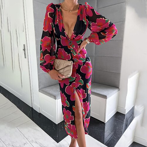 

Women's Casual Dress Sheath Dress Long Dress Maxi Dress Red Long Sleeve Floral Split Winter Fall Autumn V Neck Winter Dress Fall Dress 2022 S M L XL 2XL