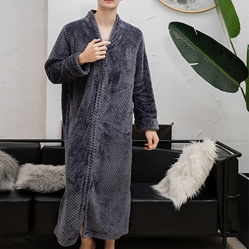 

Men's Loungewear Robes Gown Sleepwear 1 PCS Pure Color Plush Fashion Comfort Home Bed Flannel Breathable V Wire Long Robe Basic Fall Spring White Gray / Soft