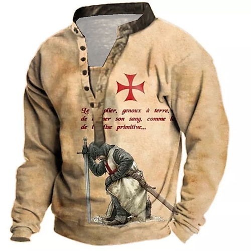 

Men's Sweatshirt Pullover Button Up Hoodie Khaki Standing Collar Knights Templar Graphic Prints Print Casual Daily Sports 3D Print Streetwear Designer Casual Spring & Fall Clothing Apparel Knight