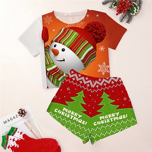 

Women's ChristmasPjs Plus Size Pajamas Sets 2 Pieces Snowman Trees Fashion Comfort Soft Home Carnival Cotton Spandex Jersey Breathable Gift Crew Neck Short Sleeve T shirt Tee Shorts Elastic