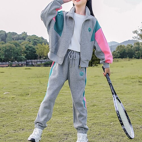 

Kids Girls' Jacket Pants Clothing Set 2 Pieces Long Sleeve Grey Color Block Cotton Outdoor Street Sports Comfort 4-13 Years / Fall / Winter