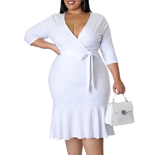 

vestido de trabalho tamanho grande feminino cor sólida decote em v manga longa primavera outono elegante vestido de trabalho na altura do joelho vestido de férias para sair