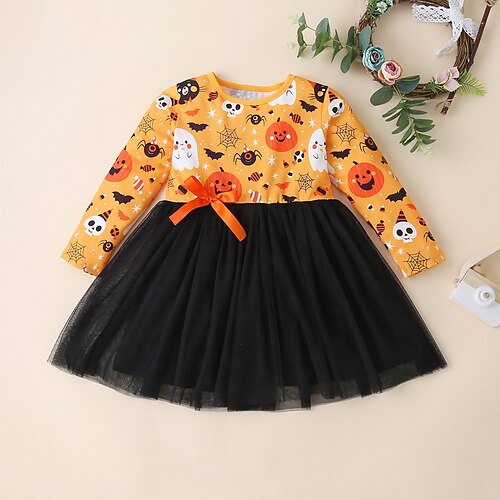 

Kids Little Girls' Dress Pumpkin Ghost Spider A Line Dress Halloween Holiday Yellow Long Sleeve Princess Beautiful Dresses Halloween Fall Winter Regular Fit 2-6 Years