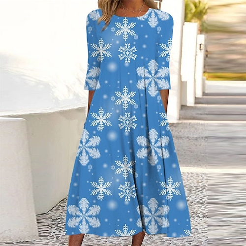 

Women's Casual Dress Shift Dress Midi Dress Blue 3/4 Length Sleeve Snowflake Ruched Print Fall Winter Round Neck Vacation Casual Christmas 2022 S M L XL XXL 3XL