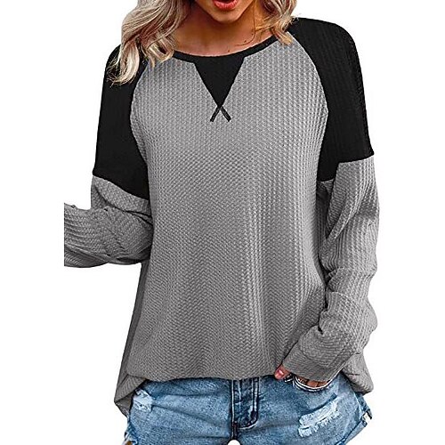 

Women's Top Panel Round Neck T-Shirt Raglan Sleeve Long Sleeve
