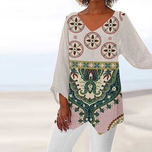 

Women's Blouse Shirt Green Blue Pink Floral Geometric Asymmetric Print Long Sleeve Daily Weekend Streetwear Casual V Neck Long Floral Geometric S / 3D Print