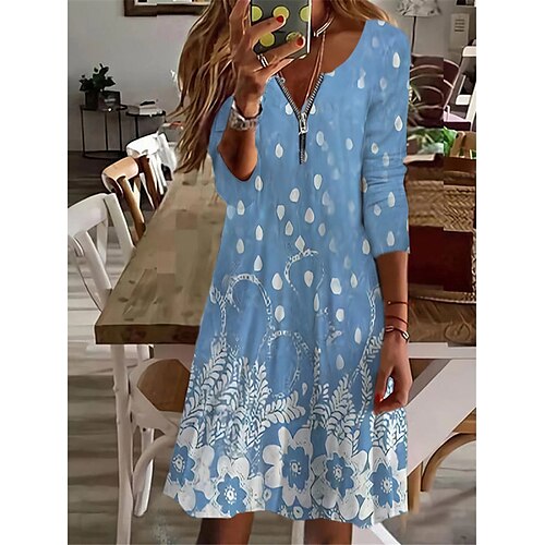 

Women's Casual Dress A Line Dress Knee Length Dress Blue Yellow Wine Navy Blue Long Sleeve Floral Zipper Print Fall Winter V Neck Vacation Casual 2022 S M L XL 2XL 3XL 4XL 5XL 6XL