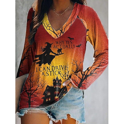 

Women's T shirt Tee Red Graphic Print Long Sleeve Halloween Weekend Basic V Neck Regular Painting S / 3D Print