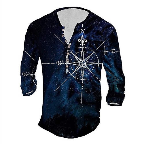 

Men's T shirt Tee Henley Shirt Tee Graphic Compass Henley Blue 3D Print Plus Size Outdoor Daily Long Sleeve Button-Down Print Clothing Apparel Basic Designer Classic Comfortable / Sports