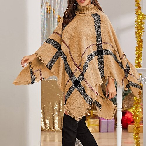 

Women's Poncho Sweater Jumper Ribbed Knit Tassel Oversized Plaid Turtleneck Stylish Casual Outdoor Daily Winter Fall Khaki Red S M L / Long Sleeve / Regular Fit / Going out