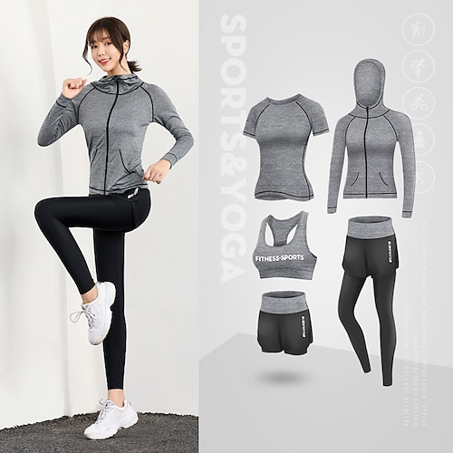 

Women's 5-Piece Tracksuit Fitness Yoga Set Solid Color Sports Bra Cropped Leggings Jacket Gym Workout Breathable Quick Dry Soft Sport Stretchy Activewear