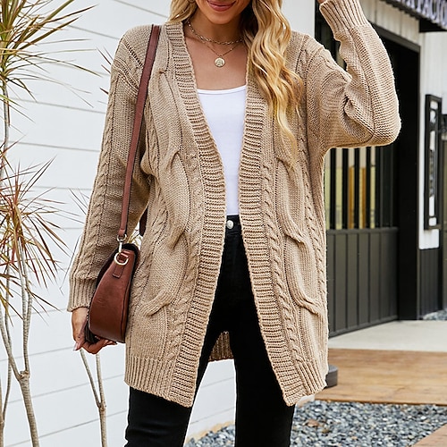 

Women's Cardigan Sweater Jumper Cable Knit Knitted Pure Color Open Front Stylish Casual Outdoor Daily Winter Fall Khaki Beige S M L / Long Sleeve / Regular Fit / Going out