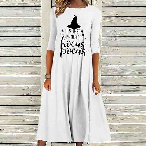 

Women's Casual Dress Shift Dress Midi Dress White 3/4 Length Sleeve Letter Ruched Print Fall Winter Round Neck Casual Vacation Vintage 2022 S M L XL XXL 3XL