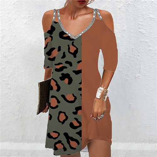 

Women's Casual Dress Mini Dress Pink Brown 3/4 Length Sleeve Leopard Sequins Winter Fall Spaghetti Strap Fashion 2022 S M L XL XXL 3XL
