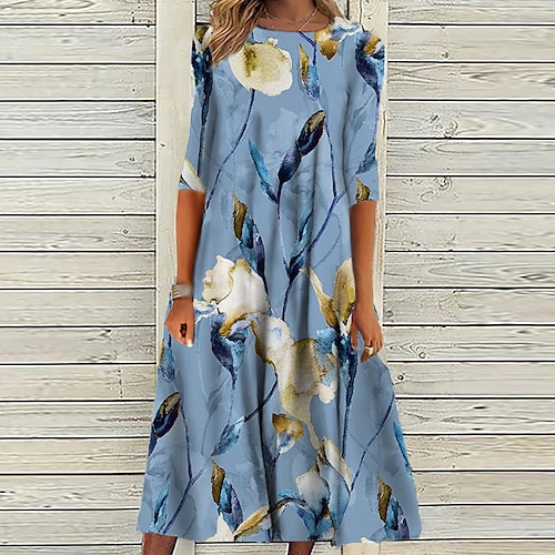 

Women's Casual Dress Shift Dress Midi Dress Blue 3/4 Length Sleeve Floral Ruched Print Fall Winter Round Neck Casual Vacation 2022 S M L XL XXL 3XL