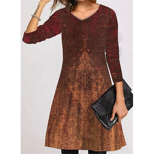 

Women's Casual Dress T Shirt Dress Tee Dress Short Mini Dress Wine Long Sleeve Floral Pocket Print Fall Winter V Neck Vacation Casual 2022 S M L XL XXL 3XL