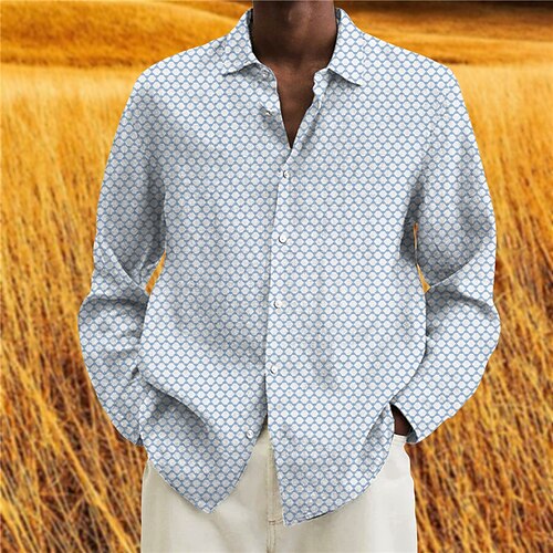 

Men's Shirt Geometry Turndown Blue Long Sleeve 3D Print Outdoor Street Button-Down Print Tops Designer Casual Breathable