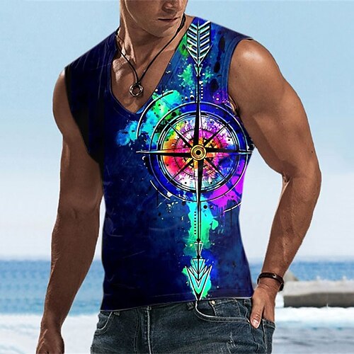 

Men's Undershirt Graphic Prints Compass V Neck Blue 3D Print Street Daily Sleeveless Print Clothing Apparel Basic Casual Classic Big and Tall / Summer / Summer / Sports