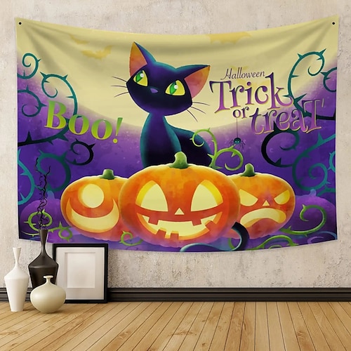 

Halloween Party Wall Tapestry Art Decor Blanket Curtain Hanging Home Bedroom Living Room Decoration Polyester Cat Pumpkin