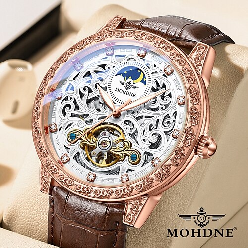 

MOHDNE Band Mechanical Watch for Men Analog Automatic self-winding Formal Style Tourbillion Stylish Formal Style Waterproof Noctilucent Moon Phase Alloy PU Leather Fashion Hollow Heart