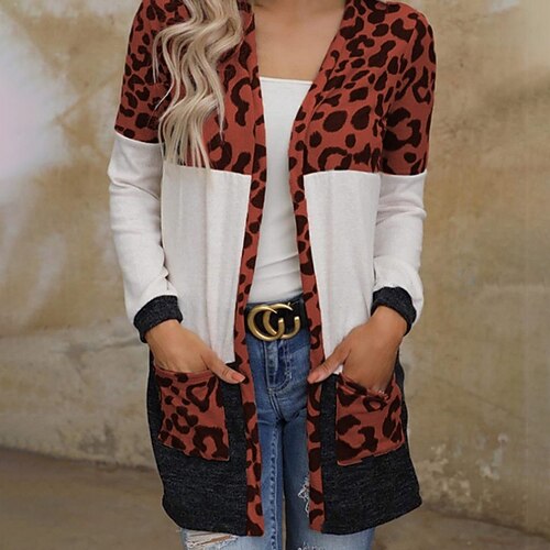 

Women's Casual Jacket Warm Breathable Outdoor Street Daily Wear Weekend Patchwork Pocket Cardigan V Neck Casual Comfortable Street Style Leopard Regular Fit Outerwear Long Sleeve Winter Fall Khaki