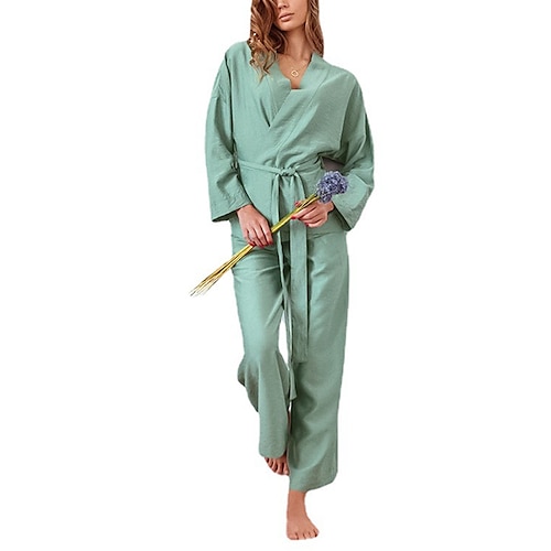 

Women's Pajamas Sets Pjs 2 Pieces Pure Color Simple Comfort Home Bed Polyester V Wire Long Sleeve Robe Top Pant Belt Included Winter Fall Green