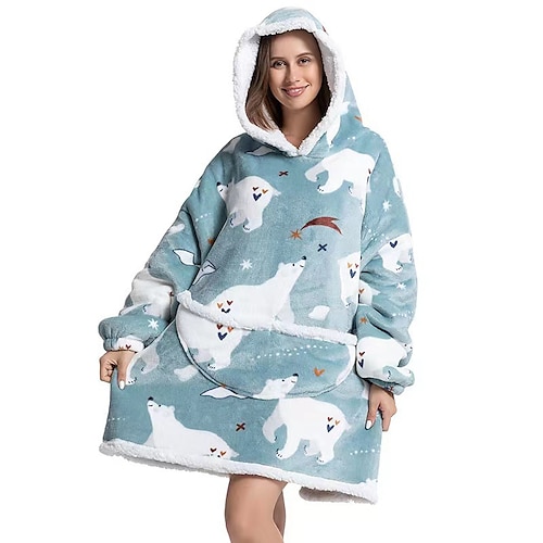 

Women's Couple's Pajamas Nightgown Wearable Blanket Winter Hoodie Blanket Animal Dog Comfort Oversized Plush Home FallVacation Flannel Warm Hoodie Long Sleeve Pocket Hoodie Fall Black Blue / Pjs