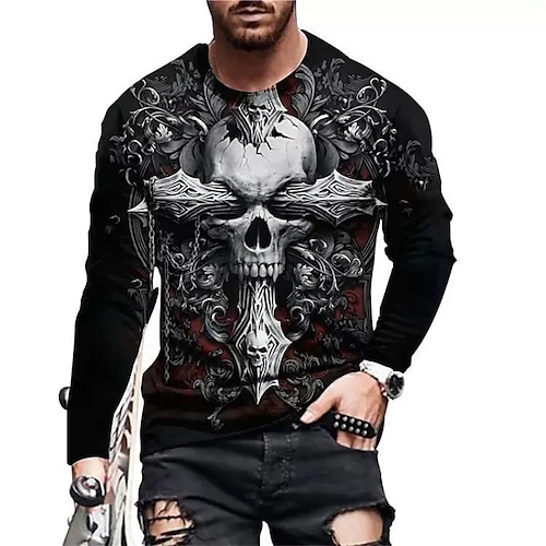 

Men's Unisex T shirt Tee Skull Graphic Prints Crew Neck Dark Gray 3D Print Outdoor Street Long Sleeve Print Clothing Apparel Basic Sports Designer Casual