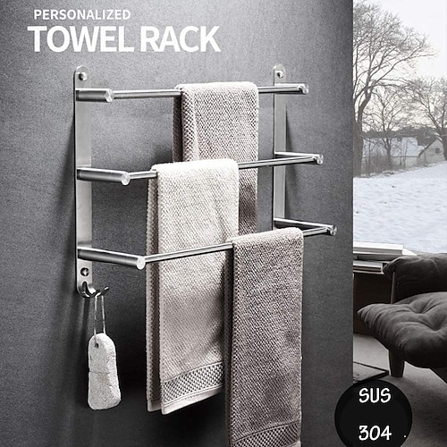 

Towel Holder with Hooks for Bathroom,3-Tiers Wall Mounted Stainless Steel Brushed Nickel Towel Rack Rustproof Towel Bar 40/50/60CM(Silvery)