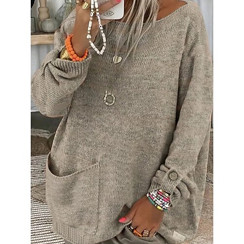 

Women's Pullover Sweater jumper Jumper Crochet Knit Cropped Pocket Knitted Solid Color Crew Neck Stylish Casual Daily Holiday Winter Fall Beige S M L / Long Sleeve / Regular Fit