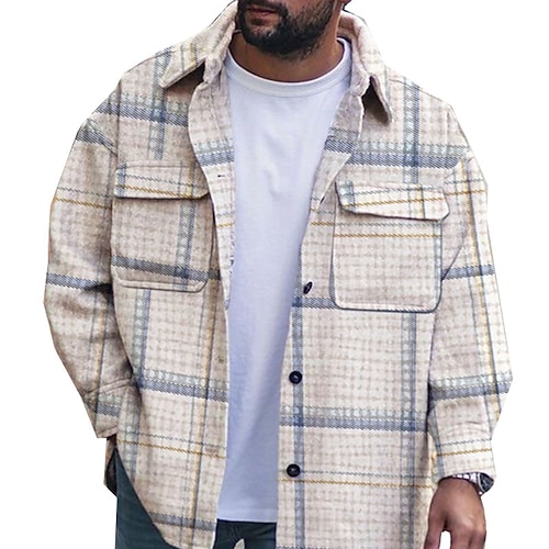

Men's Flannel Shirt Shirt Jacket Shacket Casual Shirt Lattice Turndown Black / White White gray RedGreyBlack Orange Blue / White 3D Print Outdoor Street Long Sleeve Button-Down Print Clothing