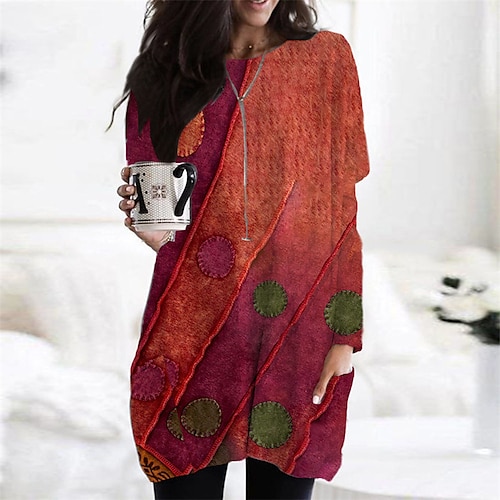 

Women's Casual Dress Red Long Sleeve Geometric Pocket Winter Fall Autumn Winter Dress Weekend Fall Dress Loose Fit 2022 XS S M L XL XXL 3XL 4XL 5XL 6XL