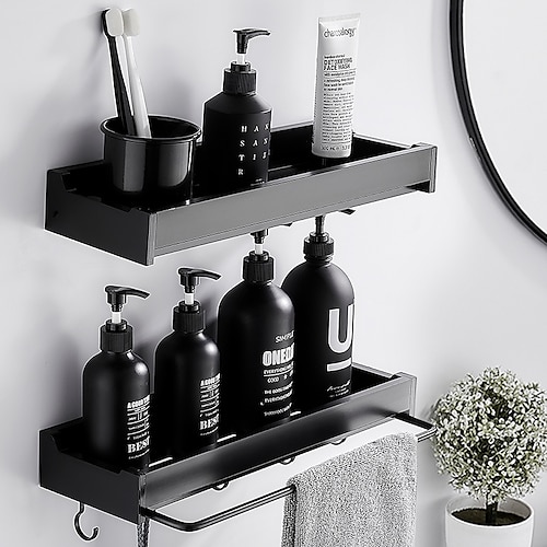 

Black Bathroom Shelf Non Perforated Bathroom Wall Hung Toilet Black Hidden Towel Bar Space Aluminum Storage Toilet