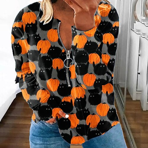 

Women's Plus Size Tops Pullover Sweatshirt Hoodie Sweatshirt Cat Pumpkin Zipper Print Long Sleeve Round Neck Casual Halloween Halloween Vacation Polyester Fall Winter Yellow