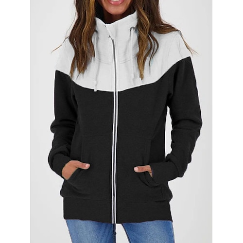 

Women's Zip Hoodie Sweatshirt Pullover Active Streetwear Zipper Front Pocket Black Yellow Pink Color Block Daily Standing Collar Long Sleeve