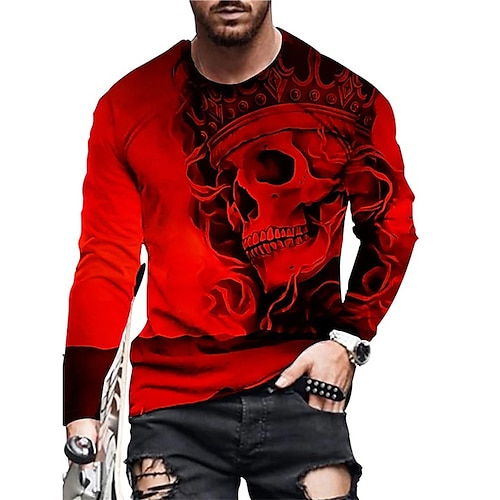 

Men's Unisex T shirt Tee Skull Graphic Prints Crew Neck Red Long Sleeve 3D Print Outdoor Street Print Tops Basic Sports Casual Classic