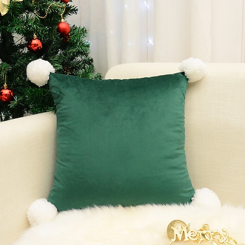 

Christmas Party Velvet Pillow Cover Square Pompom Quality Pillow Case for Bedroom Livingroom Cushion Cover White Ball Decoration