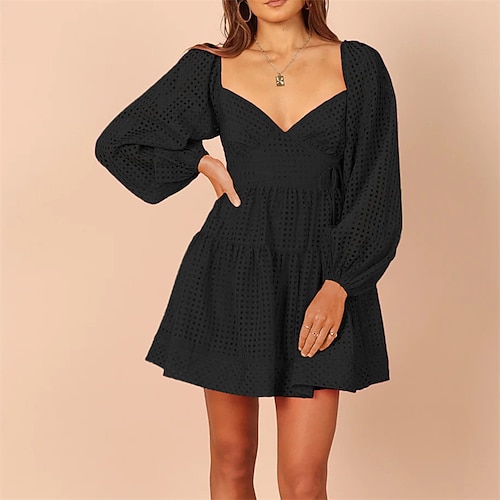 

Women's Black Dress Short Mini Dress Short Mini Dress Black Blue Fuchsia Beige Long Sleeve Pure Color Lace up Ruched Backless Fall Winter Square Neck Romantic Modern 2022 S M L XL