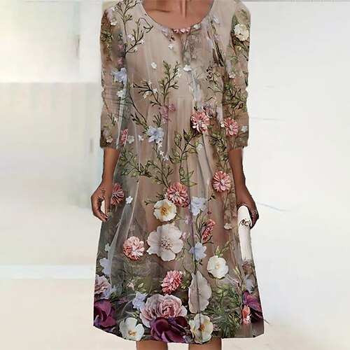 

Women's Casual Dress Midi Dress Khaki Long Sleeve Floral Ruched Winter Fall Autumn Winter Dress Weekend Fall Dress 2022 S M L XL XXL 3XL 4XL 5XL 6XL