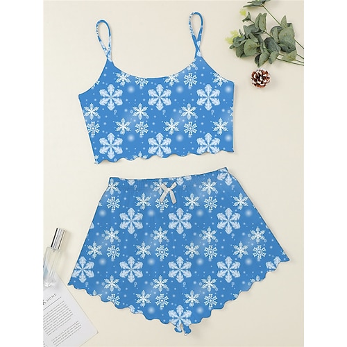 

Women's ChristmasPjs Plus Size Pajamas Sets 2 Pieces Snowflake Fashion Comfort Soft Home Carnival Breathable Gift Straps Sleeveless Strap Top Shorts Elastic Waist Spring Summer Blue