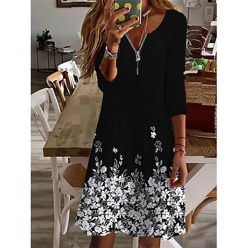 

Women's Casual Dress Shift Dress Knee Length Dress Black And White White Black Blue Long Sleeve Floral Zipper Print Fall Winter Crew Neck Fashion Casual 2022 L XL XXL XXXL 4XL 5XL 6XL