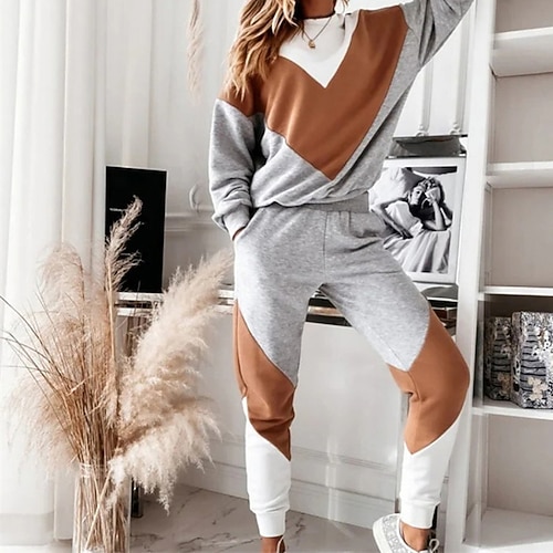 

Women's Loungewear Sets 2 Pieces Patchwork Fashion Sport Comfort Home Street Vacation Polyester Warm Crew Neck Long Sleeve Hoodie Pant Pocket Elastic Waist Winter Fall Gray