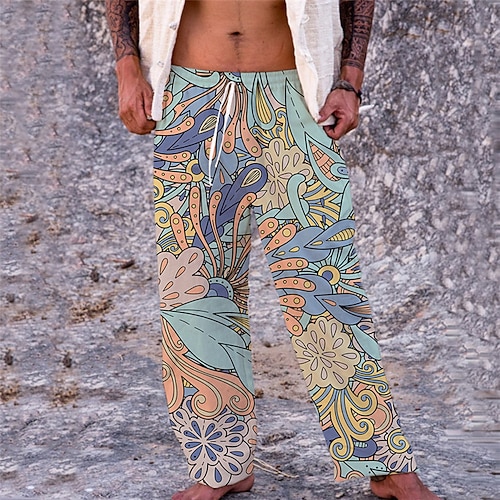 

Men's Trousers Beach Pants Pocket Drawstring Elastic Waist Graphic Prints Flower / Floral Comfort Breathable Casual Daily Holiday Streetwear Designer Blue / Elasticity