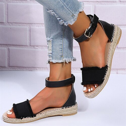 

Women's Sandals Daily Boho Bohemia Beach Flat Sandals Summer Buckle Tassel Flat Heel Open Toe Sweet Denim Ankle Strap Solid Colored Black Blue Pink