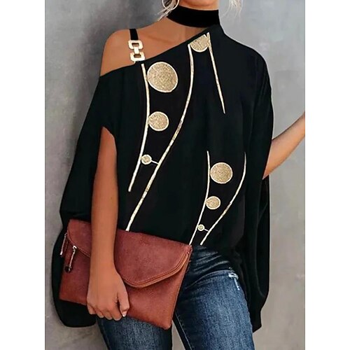 

Women's Shirt Polka Dot Daily Weekend Shirt Short Sleeve Cut Out Print Cold Shoulder Casual Streetwear Black Blue Yellow S / 3D Print