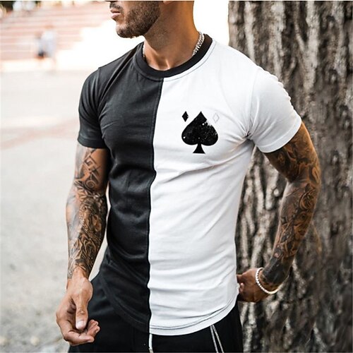 

Men's Unisex T shirt Tee Color Block Graphic Prints Poker Crew Neck Black / White Short Sleeve 3D Print Outdoor Street Print Tops Sports Casual Classic Big and Tall / Summer / Summer