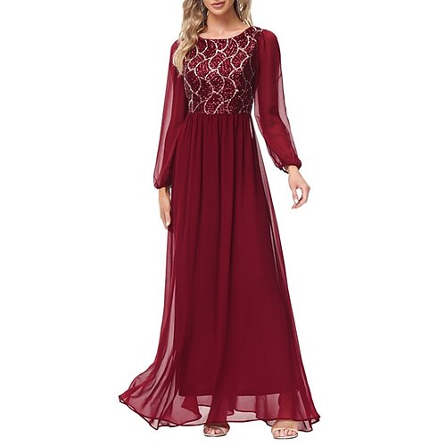 

Women's Party Dress Sequin Dress Maxi long Dress Wine Long Sleeve Geometric Sequins Pleated Fall Winter Crew Neck Fashion Elegant 2022 S M L XL 2XL