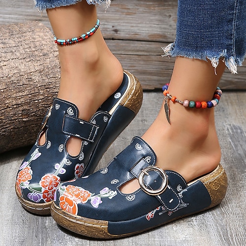 

Women's Clogs Plus Size Outdoor Daily Summer Buckle Flower Flat Heel Round Toe Vintage PU Leather Loafer Color Block Light Blue Black Blue